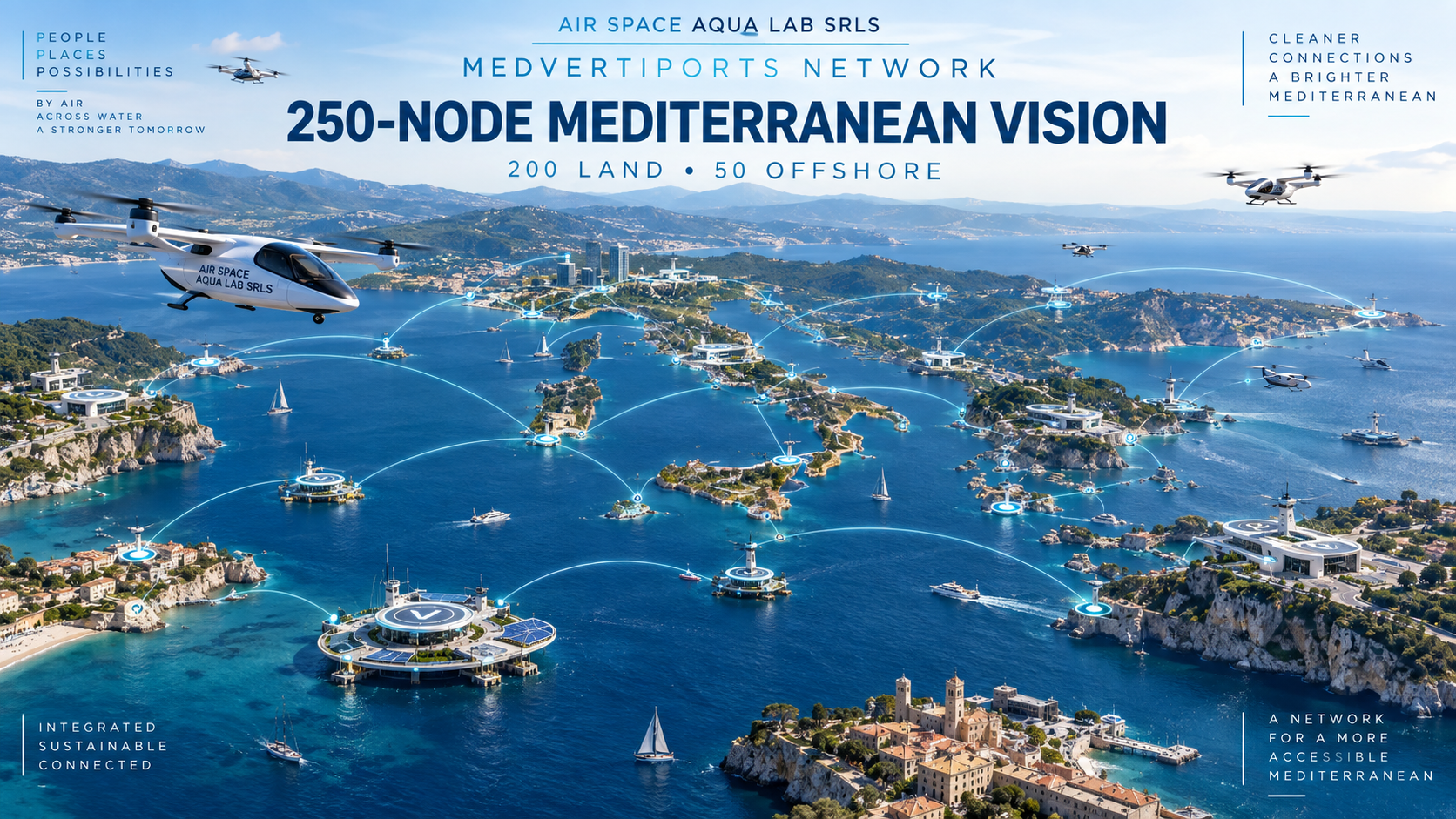 Visione MedVertiports Network: 250 nodi mediterranei, 200 terrestri e 50 offshore